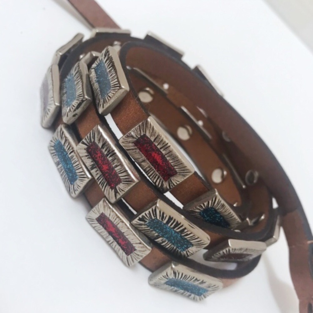 Brown Leather Belt with Metal and Glitter Details